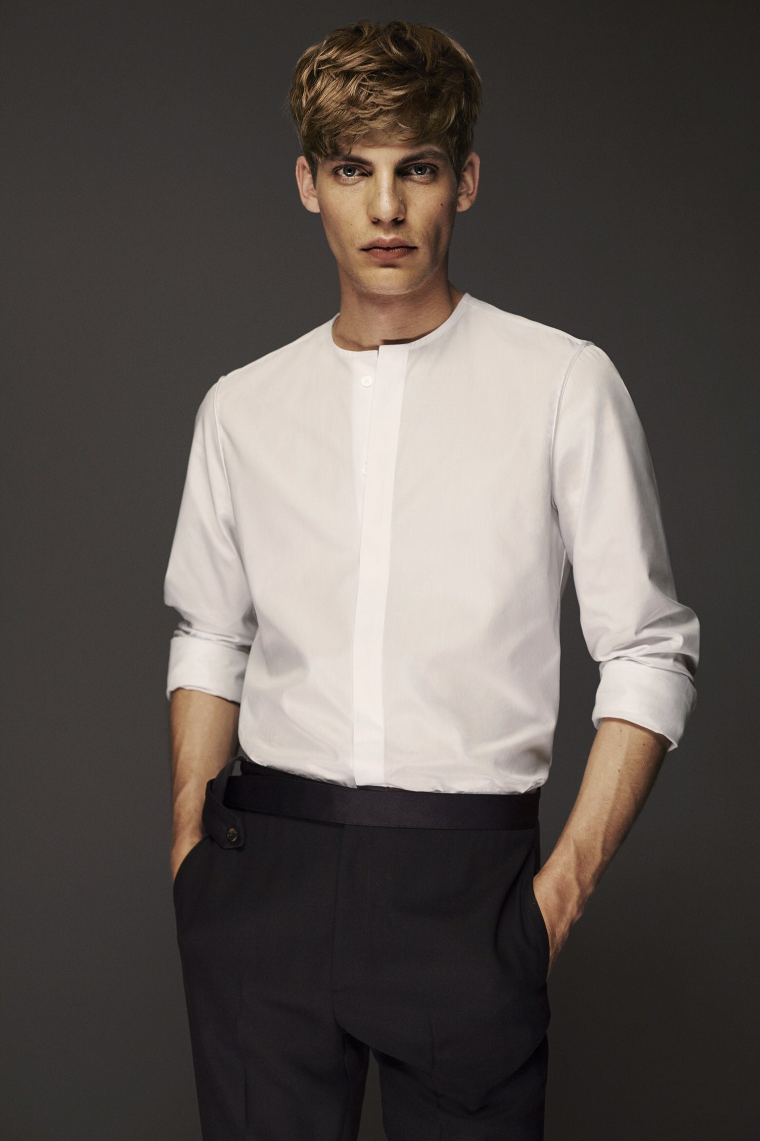 Men's Dress Shirt No Collar The White Sanders Non Iron Fine Twill Custom Shirt Men's Dress Shirt No Collar The White Sanders Non Iron Fine Twill Custom Shirt